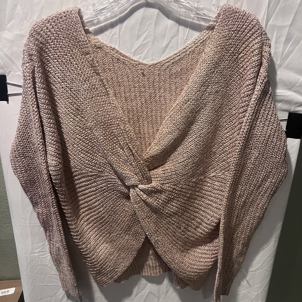 Immodel Women's Pink  Knot Front Sweater Size S Metallic Thread V Neck